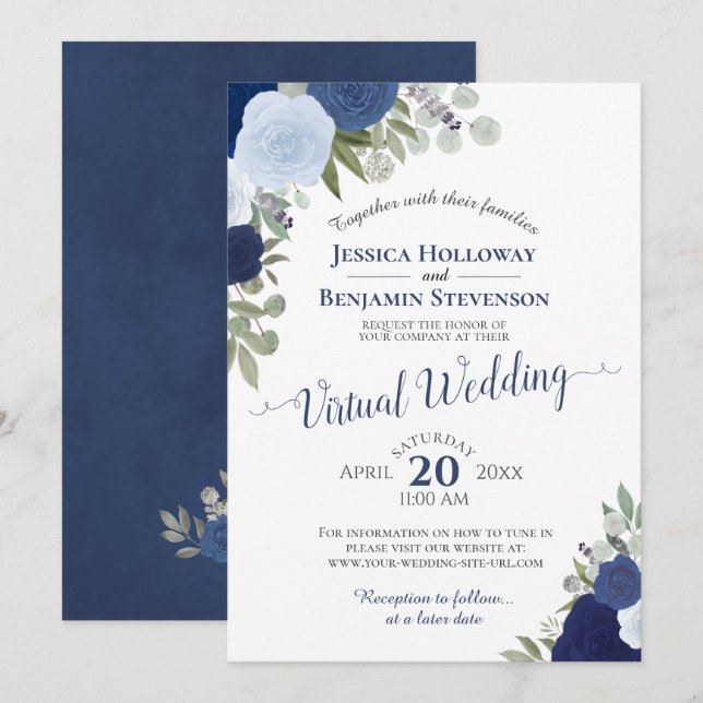 Rustic Blue Watercolor Floral Virtual Wedding Invitation (Front/Back)