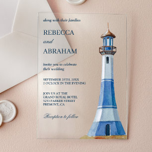 Rustic Blue Watercolor Lighthouse Nautical Wedding Acrylic Invitations