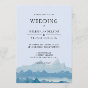 Rustic blue watercolor mountain landscape range invitation