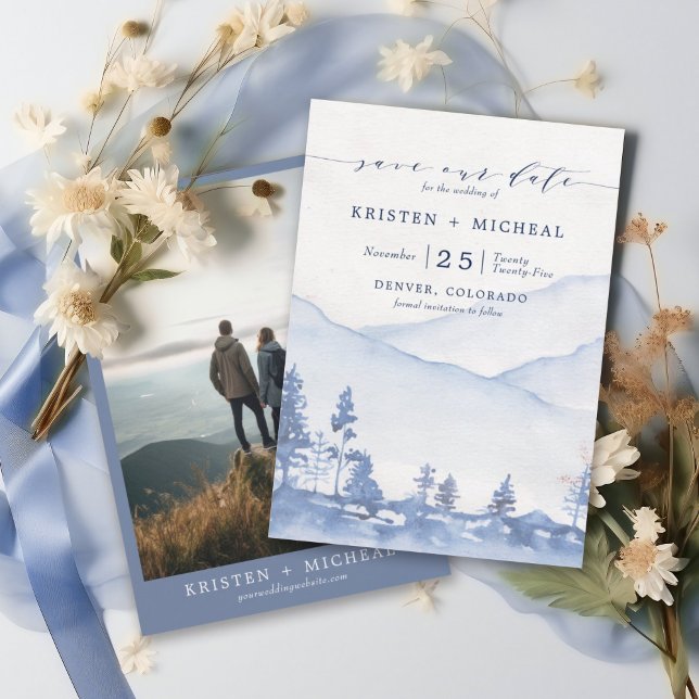 Rustic Blue Watercolor Mountain Photo  Save The Date (Delight your guests with a Save the Date that's as breathtaking as your upcoming nuptials.)