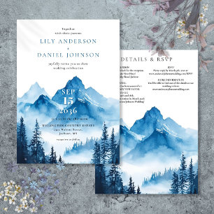 Rustic Blue Watercolor Mountain Wedding Details Invitation