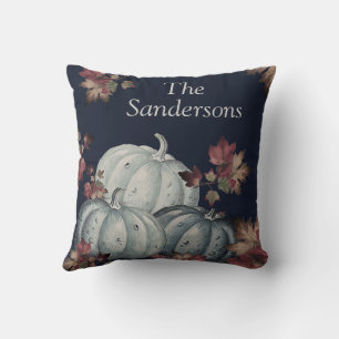 Rustic Blue Watercolor Pumpkin Fall Leaves Navy Cushion