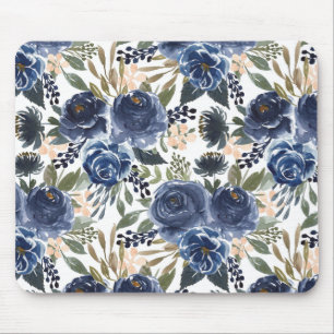 Rustic Blue Watercolor Roses and Peonies Pattern Mouse Mat