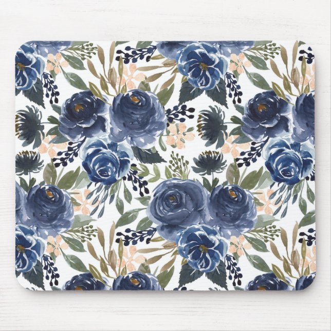 Rustic Blue Watercolor Roses and Peonies Pattern Mouse Mat (Front)