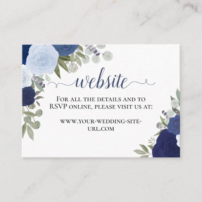 Rustic Blue Watercolor Roses Wedding Website Enclosure Card (Front)