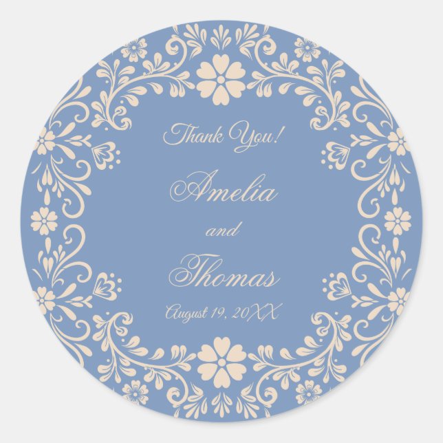 Rustic Blue Wedding Thank You Classic Round Sticker (Front)
