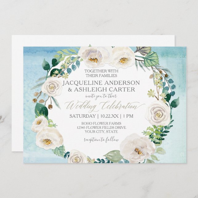Rustic Blue White Alabaster Rose Eucalyptus Wreath Invitation (Front/Back)