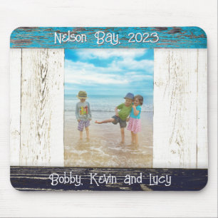 Rustic Blue White Beach Wood Photo Frame Mouse Mat