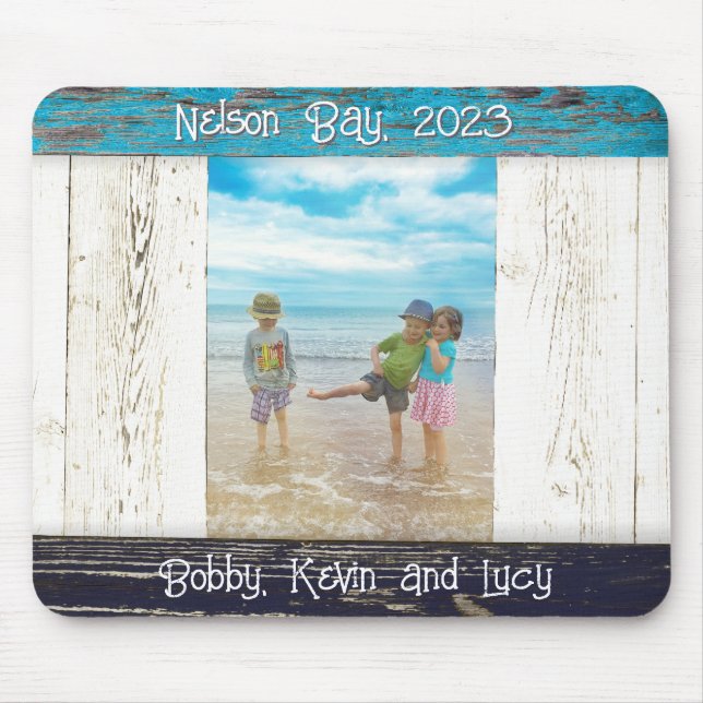 Rustic Blue White Beach Wood Photo Frame Mouse Mat (Front)