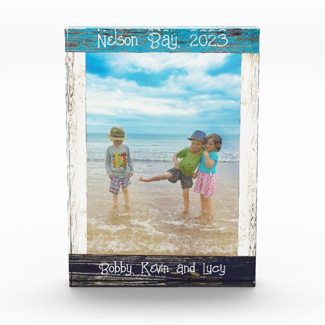 Rustic Blue White Beach Wood Text 5" x 7" Frame Photo Block (Front)