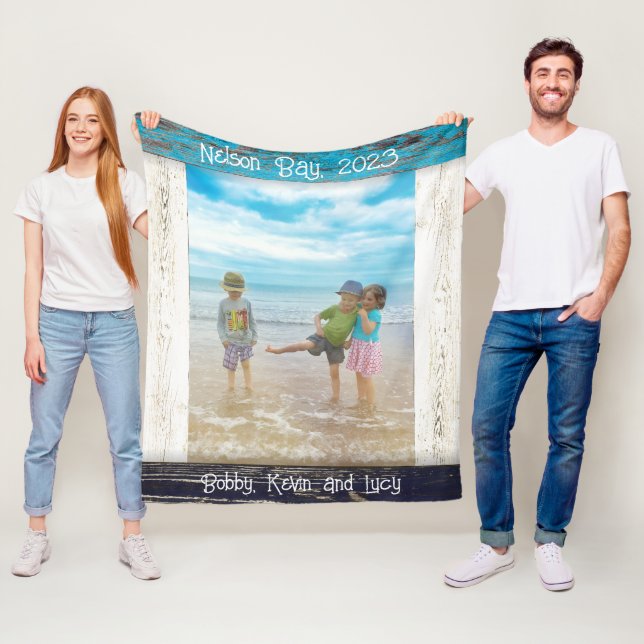 Rustic Blue White Beach Wood Text Photo Frame Fleece Blanket (In Situ)