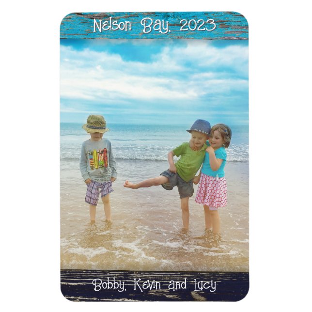 Rustic Blue White Beach Wood Text Photo Frame Magnet (Vertical)