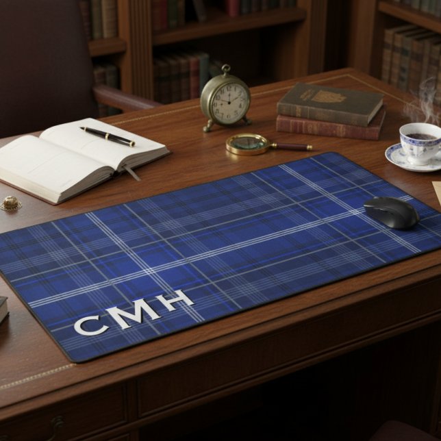 Rustic Blue White & Black Tartan Plaid Monogram Desk Mat (Creator Uploaded)
