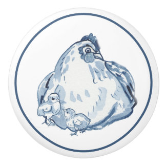 Rustic Blue & White Chicken Hen Country Delft Ceramic Knob