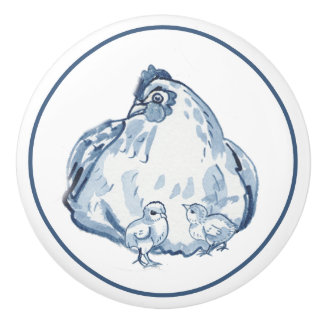Rustic Blue & White Chicken Hen Country Delft Ceramic Knob