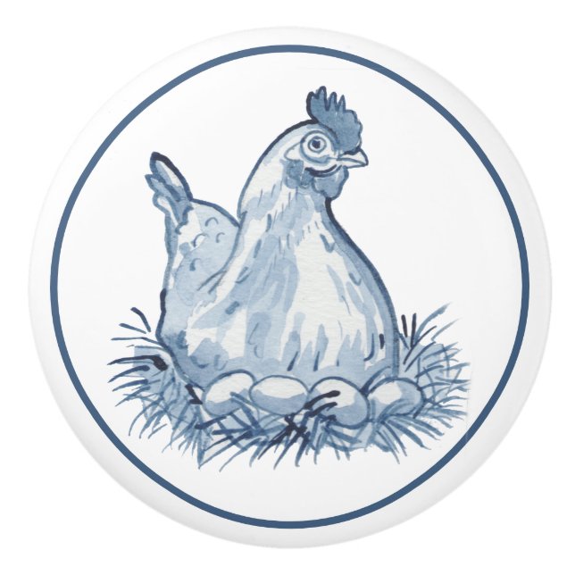 Rustic Blue & White Chicken Hen Eggs Country Cute Ceramic Knob (Front)