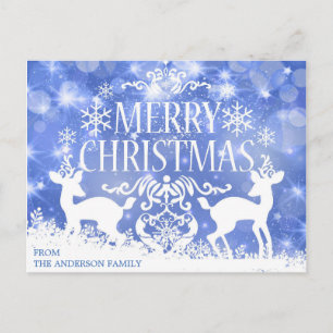 Rustic Blue White Christmas Reindeer Snow Winter Postcard