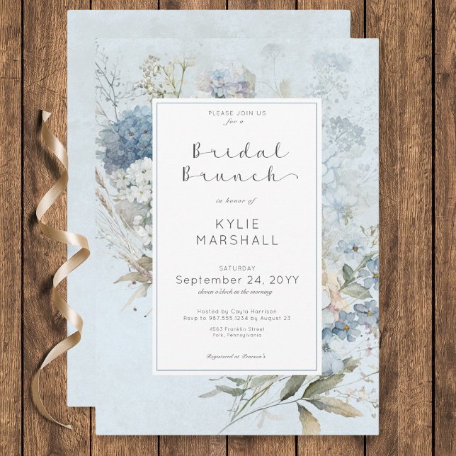 Rustic Blue & White Floral Frame Bridal Brunch Invitation (Rustic Blue & White Floral Frame Bridal Brunch Invitation)