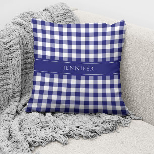 Rustic Blue & White Gingham Pattern Name Cushion