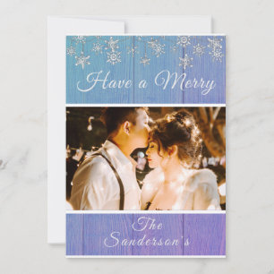 Rustic Blue White Merry Christmas photo card