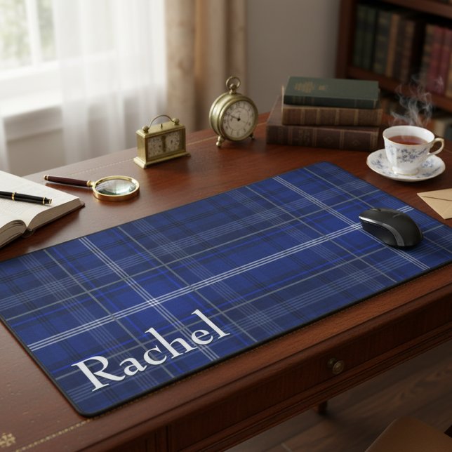 Rustic Blue & White Plaid Monogram Desk Mat (Creator Uploaded)