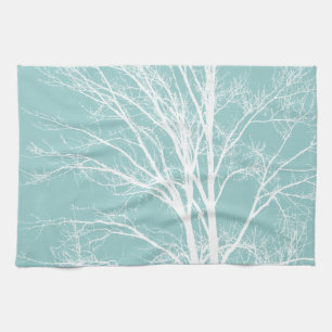 Rustic Blue White Tree Branches Tea Towel