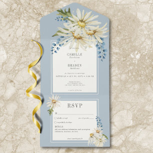 Rustic Blue & White Watercolor Daisies No Dinner All In One Invitation