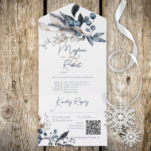 Rustic Blue & White Winter Foliage QR Code All In One Invitation