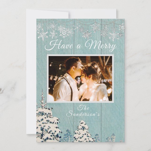 Rustic Blue White Winter Snow Family Photo  Holiday Card (Front)