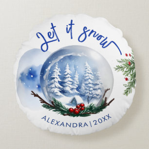 Rustic Blue White Winter Snow Globe Woodland Paint Round Cushion