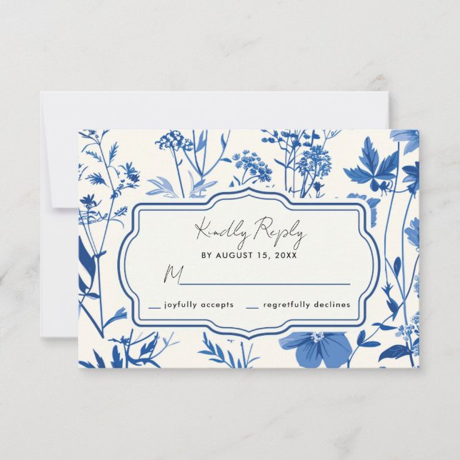 Rustic Blue Wildflower Wedding RSVP Card (Front)