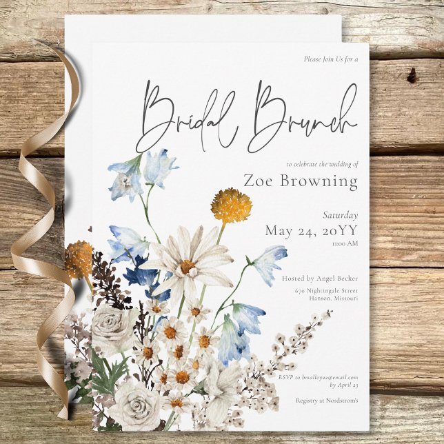 Rustic Blue Wildflowers & Daisies Bridal Brunch Invitation (Rustic Blue Wildflowers & Daisies Bridal Brunch Invitation)