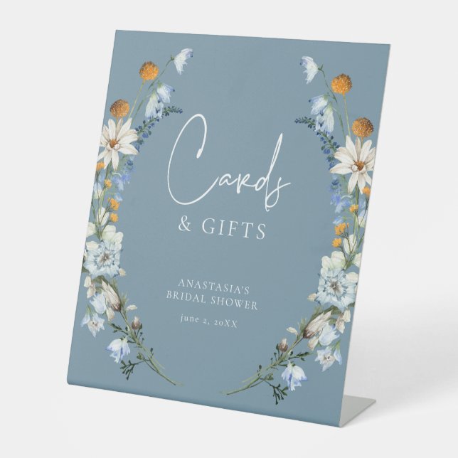 Rustic Blue Wildflowers & Daisies Shower Gifts Pedestal Sign (Front)
