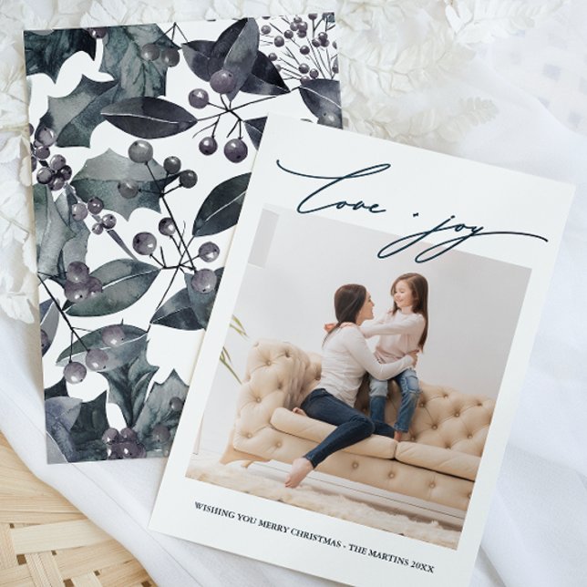 Rustic Blue Winter Botanical with Photo Holiday Invitation (Creator Uploaded)