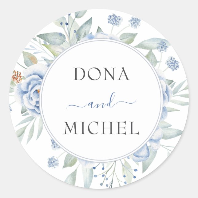 Rustic Blue Winter Floral Wedding Classic Round Sticker (Front)