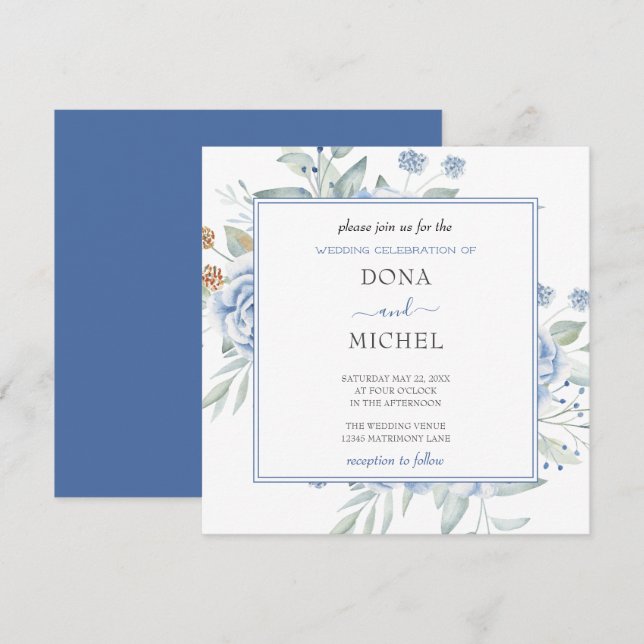 Rustic Blue Winter Floral Wedding Invitation (Front/Back)