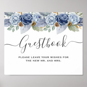 Rustic Blue Winter Floral Wedding Poster