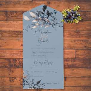 Rustic Blue Winter Foliage Blue No Dinner All In One Invitation