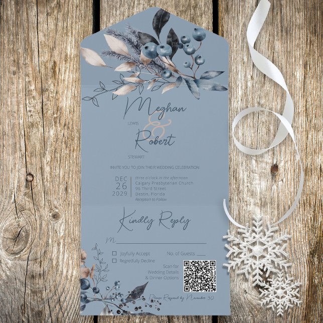 Rustic Blue Winter Foliage QR Code All In One Invitation (Also available without a QR code; with or without dinner selection options.)