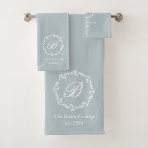 Rustic Blue Winter Wreath Family Name Monogram Bath Towel Set