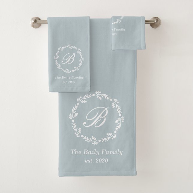 Rustic Blue Winter Wreath Family Name Monogram Bath Towel Set (Insitu)