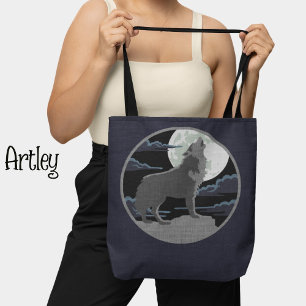Rustic Blue Wolf Howling at the Moon Nature Scene Tote Bag