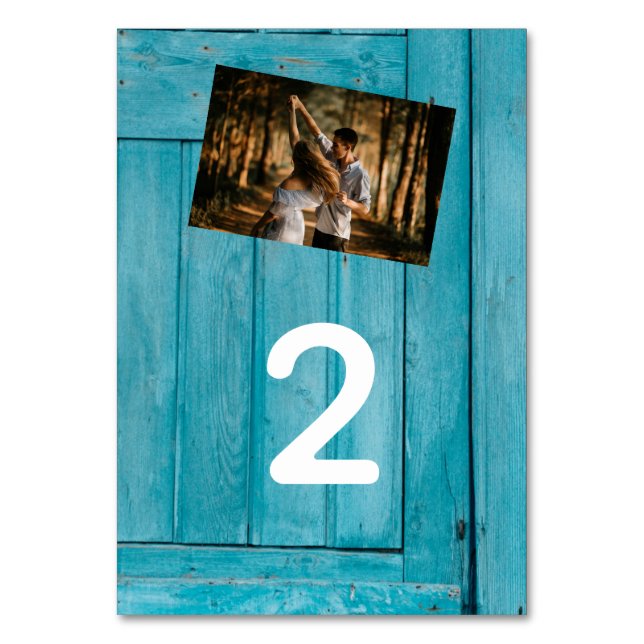 Rustic Blue Wood 2 Photos Wedding  Table Number (Front)