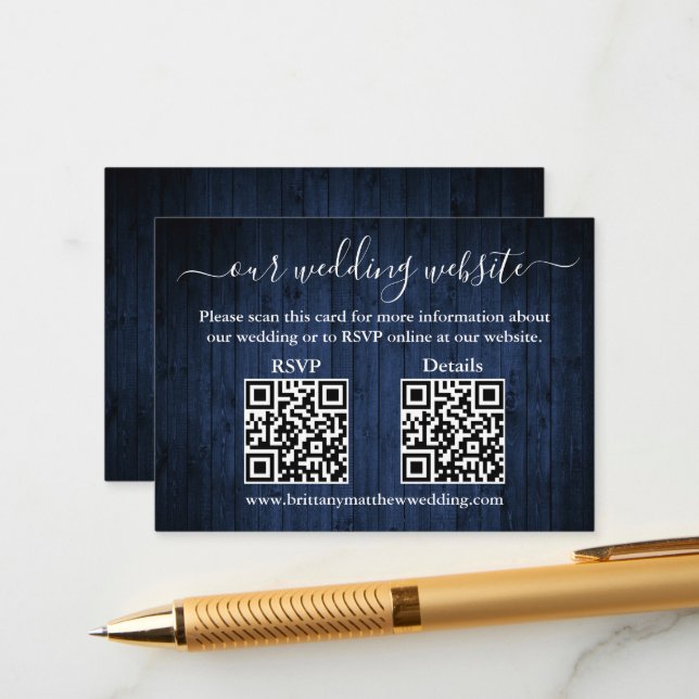 Rustic Blue Wood 2 QR Wedding RSVP Details Enclosure Card (Front/Back In Situ)