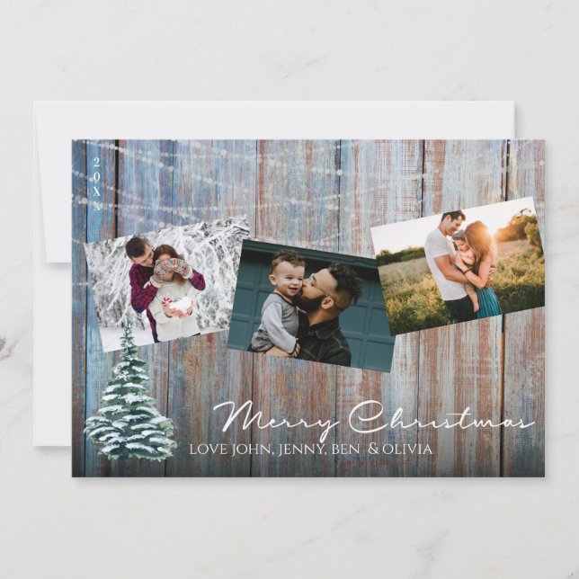 Rustic Blue Wood 3 Photo Merry Christmas w/ Tree Invitation (Front)