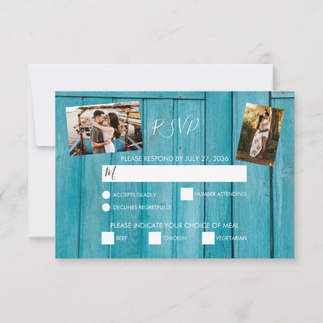 Rustic Blue Wood 3 Photos Wedding RSVP Cards (Front)