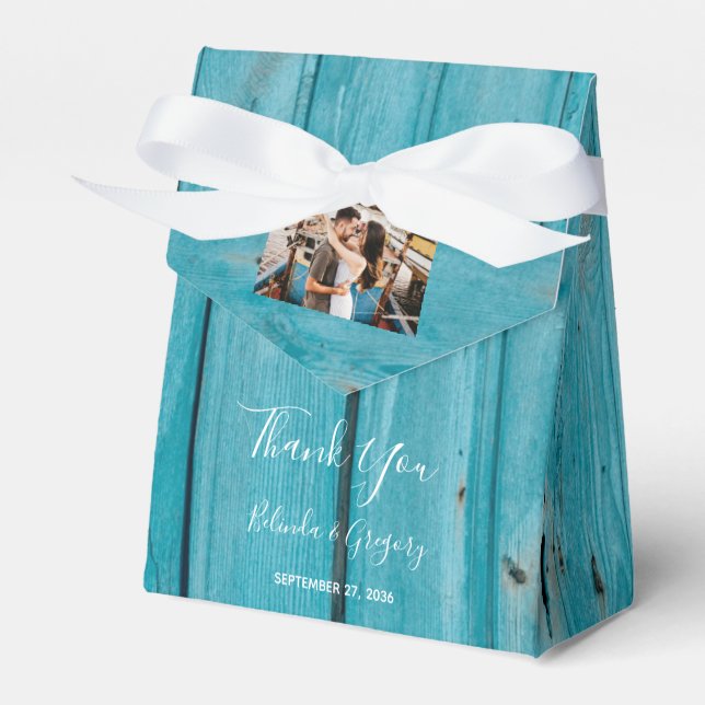 Rustic Blue Wood 4 Photos Wedding Favour Box (Front Side)