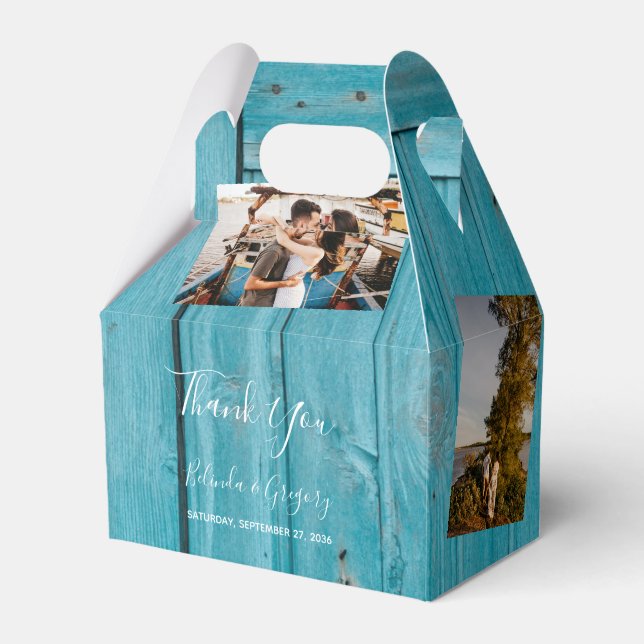 Rustic Blue Wood 4 Photos Wedding Favour Box (Front Side)
