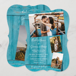 Rustic Blue Wood 4 Photos Wedding Invitations