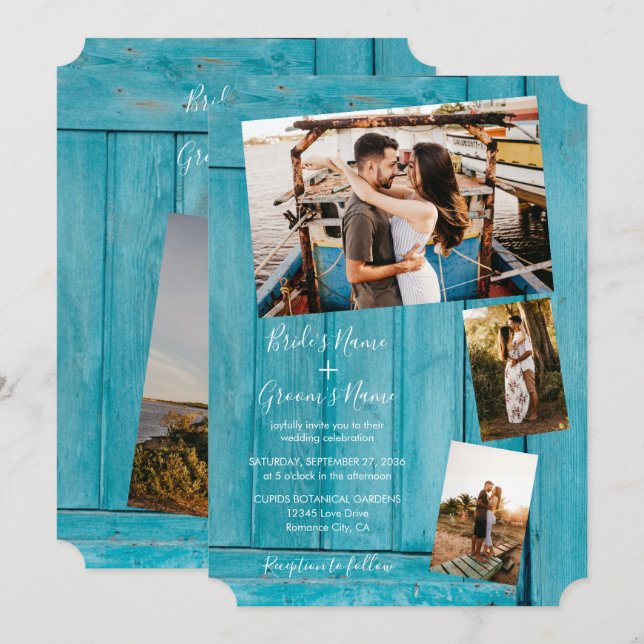 Rustic Blue Wood 4 Photos Wedding Invitations (Front/Back)